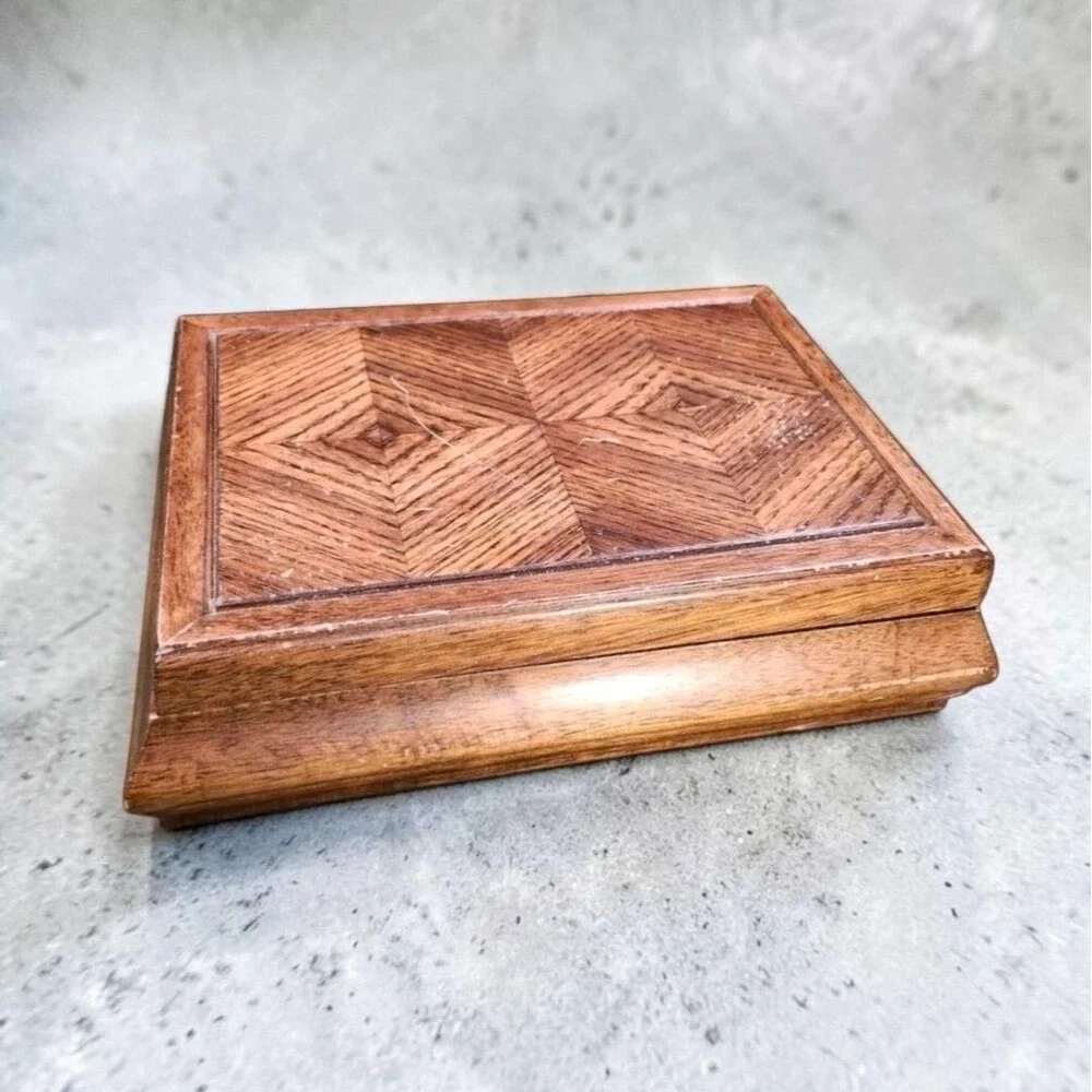 Vintage 1970s Wood Jewelry Box Orange Velvet Parquet Lid Jay Import Co 13